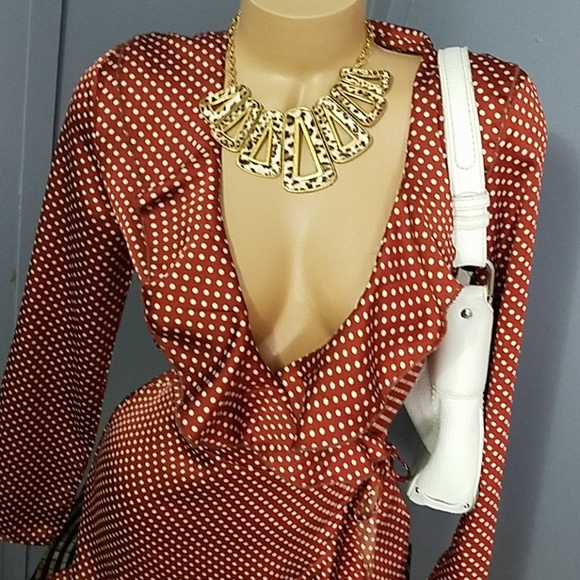 Copper Polka Dot Faux Wrap Dress - Picture 3 of 8